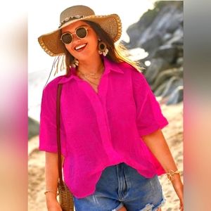Hot Pink Button-up Collared Short-sleeve Shirt, Sz 20